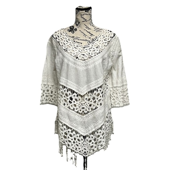 R & F Ivory Crochet Sheer Tunic Blouse Swim Cover Boho Beach Crochet Hippie L - Picture 1 of 9